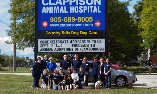 Staff in front of Clappison Animal Hospital sign